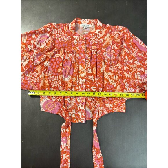 Rachel Zoe Pink Orange Floral Button Up Waist Crop Top Flounce Sleeve Blouse - Picture 2 of 10